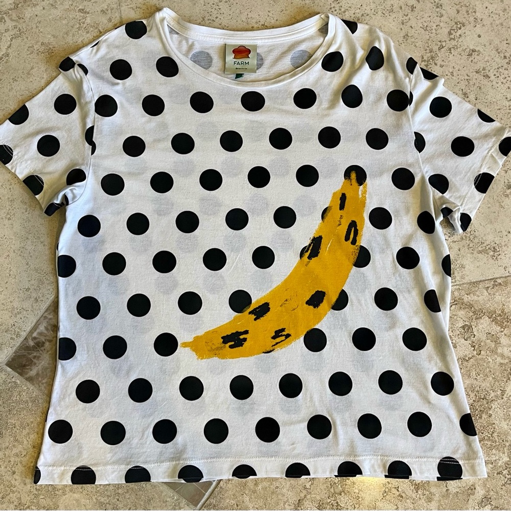 Farm Rio shirt with large banana & black polkadot shirt. Size medium